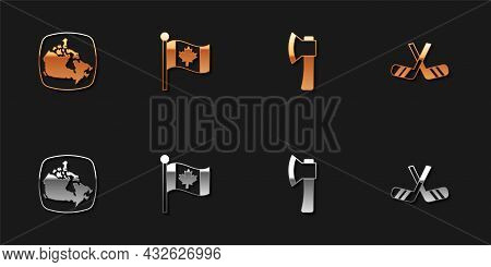 Set Canada Map, Flag Of, Wooden Axe And Ice Hockey Sticks Icon. Vector