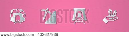 Set Paper Cut Mine Entrance, Pickaxe, And Gem Stone Icon. Paper Art Style. Vector