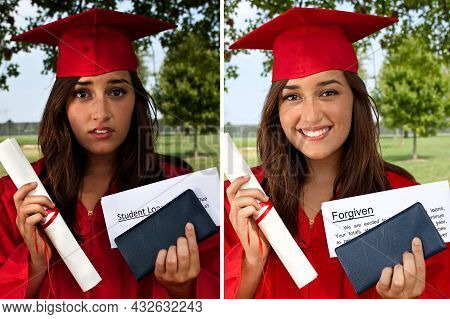 Before And After Of College Student With Tuition Debt And Then The Loan Being Forgiven Or Cancelled.