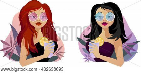 Vector Illustration Of A Beautiful Girl With Cocktails