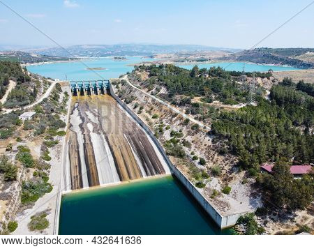 Aerial View Of Water Reservoir, Concrete Rapid And Closed Reservoir Locks Of A Dam. Berdan Dam, Tars