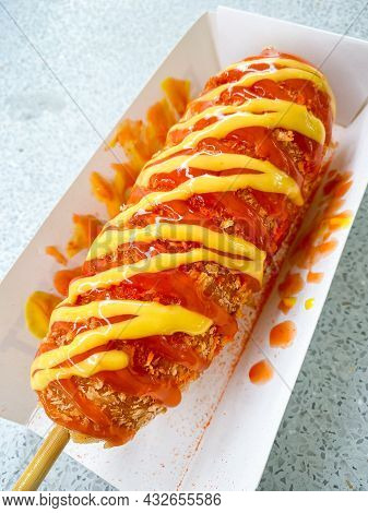 Korean Style Corn Dog Hatog Topping  Mustard And Ketchup