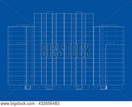 Vector Wire-frame Model Of A Multi-storey Residential Building. Construction Concept. Drawing Or Blu