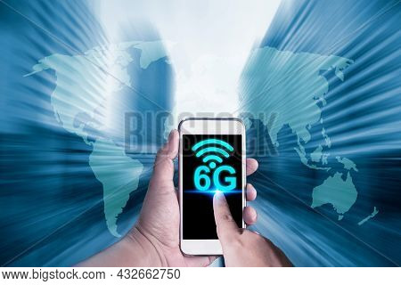 Smart Phone On Hand Show 6g Network Graphic New Hi Speed Technology Signal Diagram With Tool Icon On