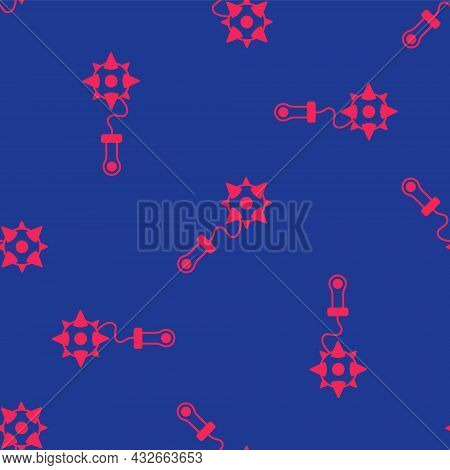 Red Medieval Chained Mace Ball Icon Isolated Seamless Pattern On Blue Background. Morgenstern Mediev