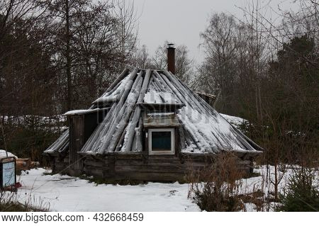 Stockholm, Sweden - December 29 04 2018: Exterior View Of Sami Hut In Winter Time, Skansen Open-air 
