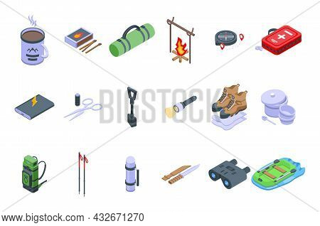 Expedition Icons Set Isometric Vector. Hiker Adventure. Alpine Outdoor