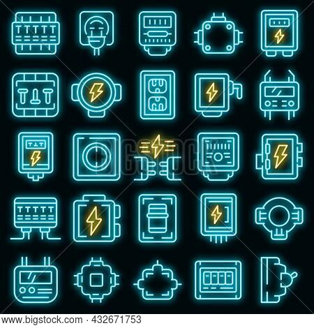 Junction Box Icons Set. Outline Set Of Junction Box Vector Icons Neon Color On Black