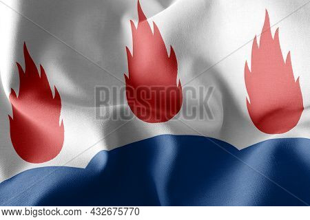 3d Illustration Flag Of Vastmanland Is A Region Of Sweden. Waving On The Wind Flag Textile Backgroun