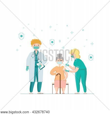 Covid-19, Coronavirus People Vaccination Poster. Elderly Woman Got A Vaccine From A Doctor, Nurse. V