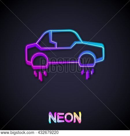 Glowing Neon Line Fantastic Flying Car Icon Isolated On Black Background. Hover Car Future Technolog