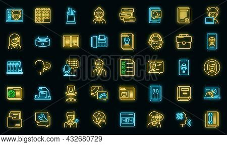 Personal Assistant Icons Set. Outline Set Of Personal Assistant Vector Icons Neon Color On Black
