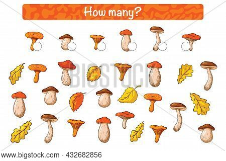 Find And Count Kids Educational Game With Forest Mushrooms. Cartoon Style. How Many Counting Gamey F