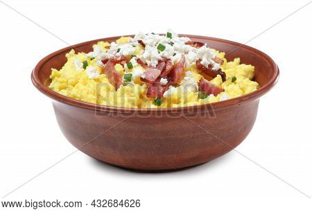Tasty Banosh With Brynza And Pork Cracklings In Bowl Isolated On White. Traditional Ukrainian Dish