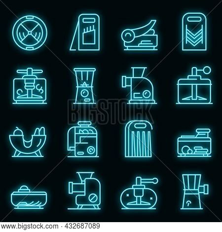 Vegetable Cutter Icons Set. Outline Set Of Vegetable Cutter Vector Icons Neon Color On Black