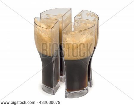 Dark Beer In Glass. Glass, Divided Into Four Parts