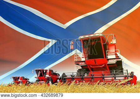 Industrial 3d Illustration Of Red Farm Agricultural Combine Harvester On Field With Novorossia Flag 