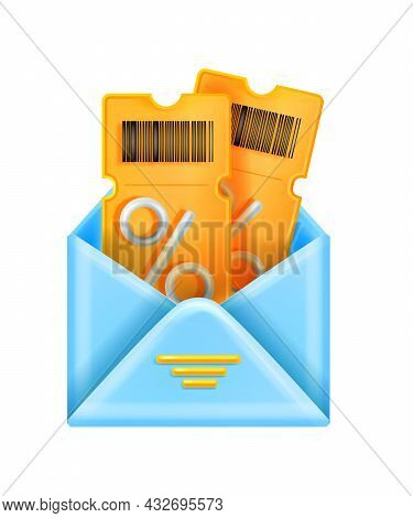 3d Discount Coupon Illustration, Vector Open Envelope Sale Event Ticket Voucher Isolated On White. G