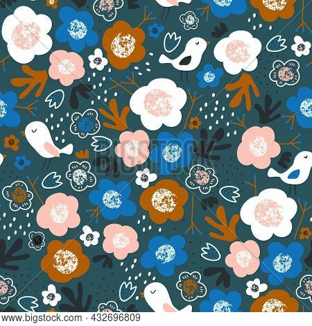 Seamlesspattern With A Little Birds And Flowers. Creative Floral Texture. Great For Fabric, Textile 