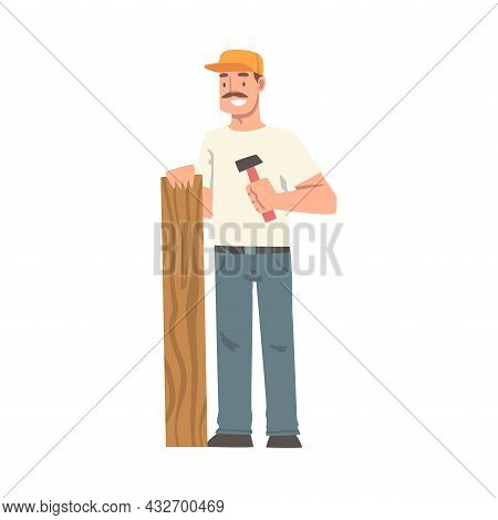 Moustached Handyman Or Fixer As Skilled Man With Plank And Hammer Engaged In Home Repair Work Vector