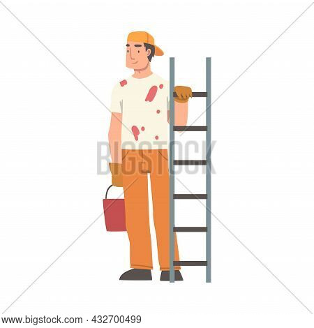 Handyman Or Fixer As Skilled Man With Ladder And Paints In Bucket Engaged In Home Repair Work Vector