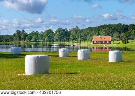 Typical Red Wooden House In Countryside By The Sea In Nature Of Southern Sweden On A Beautiful Sunny