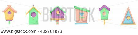 Birdhouse, Bird Feeder Of Various Shapes. A Set Of Icons.