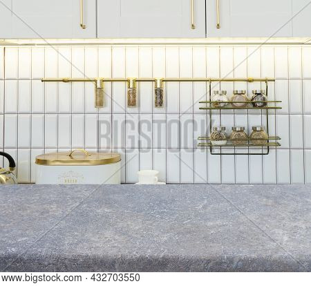 Kitchen Table Top With Accesoires On Shelves In Background, Copy Space For Product