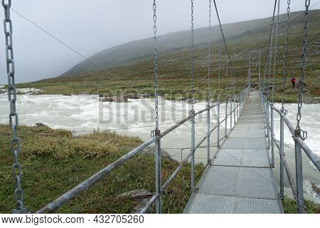 The Guhkesvakkjahka Suspension Bridge Between Sarek And Stora Sjofallet National Parks In Sweden. Br
