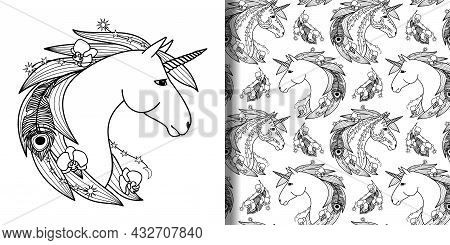 Unicorn Head Print And Seamless Pattern Set