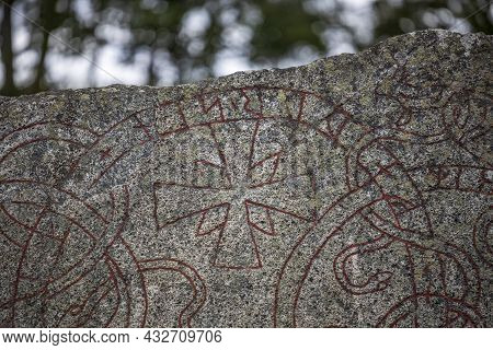 Close Up View Of Runestone With Inscription From The 1000s Ad. Sweden.