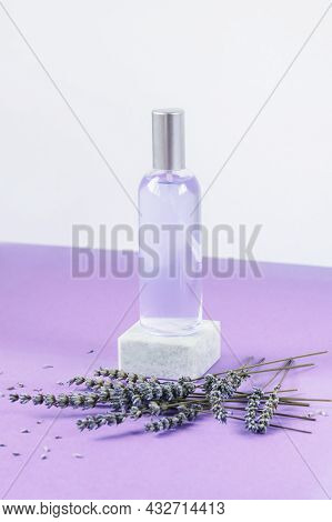 Lavender Water Or Hydrolat In Glass Bottle With Lavender Flowers On Podium On Purple Table. Aromathe