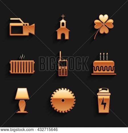 Set Walkie Talkie, Circular Saw Blade, Fitness Shaker, Cake With Burning Candles, Table Lamp And Hea