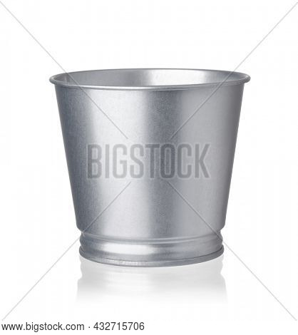 Front view of empty metal bucket isolated on white