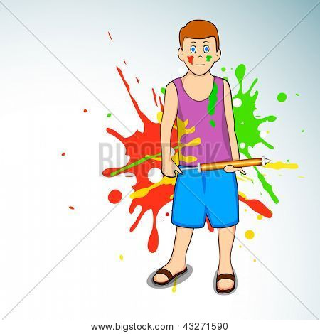 Indiano colorato festival Holi celebration background con ragazzo giovane holding colore gun (pichkari) EP