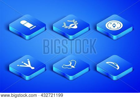 Set Bow, Bullet, Slingshot, Bird Footprint, Deer Antlers On Shield And Compass Icon. Vector