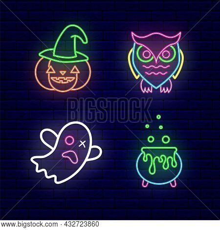 Halloween Neon Icons Collection. Owl And Ghost. Pumpkin And Witch Cauldron. Night Bright Signboard. 
