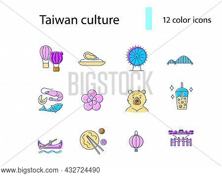 Taiwan Items Flat Icons Set. Taiwanese Features. Oyster Omlette And Seafood. Oriental National Cultu