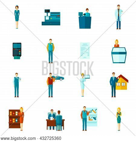 Salesman Shopman And Realtors Figures Icons Flat Set Isolated Vector Illustration