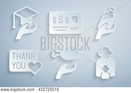 Set Donation Food, Water, Thank You With Heart, Taking Care Of Children, Bank Check And Education Gr