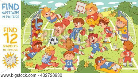 Children Are Playing Football. Find Mismatch. Find Artist Mistakes. Find 12 Rabbits In The Picture. 