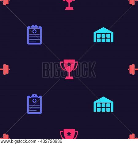Set Warehouse, Clinical Record, Trophy Cup And Dumbbell On Seamless Pattern. Vector