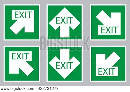 Exit Sign With White Arrow Up, Down, Diagonal On Green Background. Evacuation Emblem. Vector Illustr