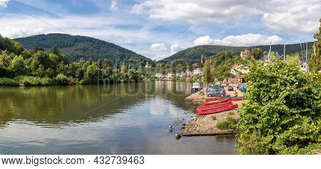 Neckarsteinach, Germany: September 12, 2021: Panoramic View Of Neckarsteinach, A Small Town With Fou