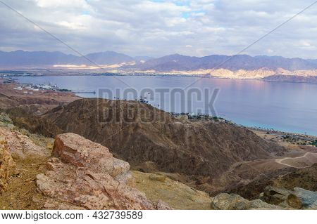 View Of Mount Tzfahot And The Gulf Of Aqaba. Eilat Mountains, Southern Israel And Jordan