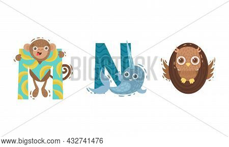 Animal Alphabet Capital Letter With Monkey And Narwal Vector Set