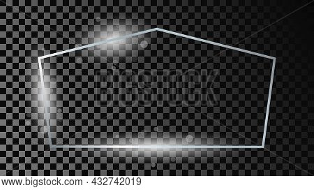 Silver Glowing Tetragon Shape Frame With Sparkles Isolated On Dark Transparent Background. Shiny Fra