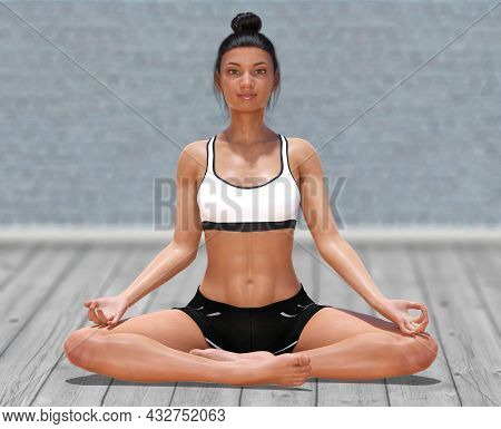 3d Illustration Of Virtual Woman In Yoga Easy Pose On A Clear Wood Floor And Blurry Background