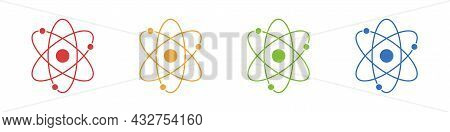 Atom Icons Set Isolated On White Background. Structure Of The Nucleus Of The Atom. Around The Atom, 