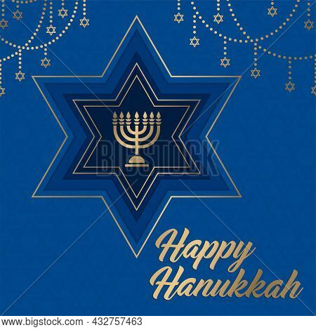 Happy Hanukkah Card With Nice And Creative Symbols And Gold Paper Cut Style On Color Background For 